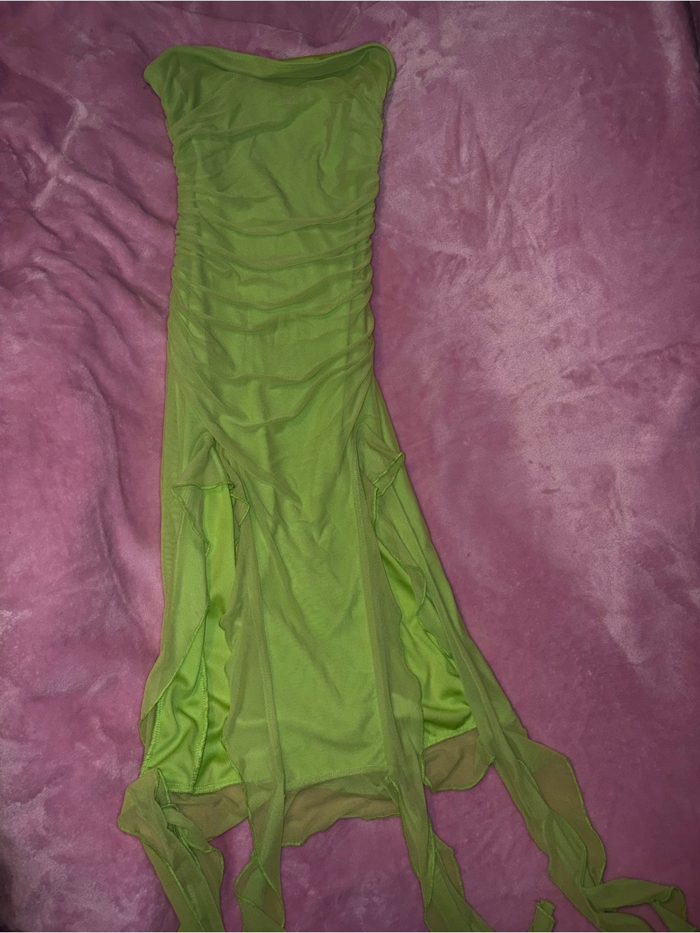 Strapless Green Ruched Mesh Dress